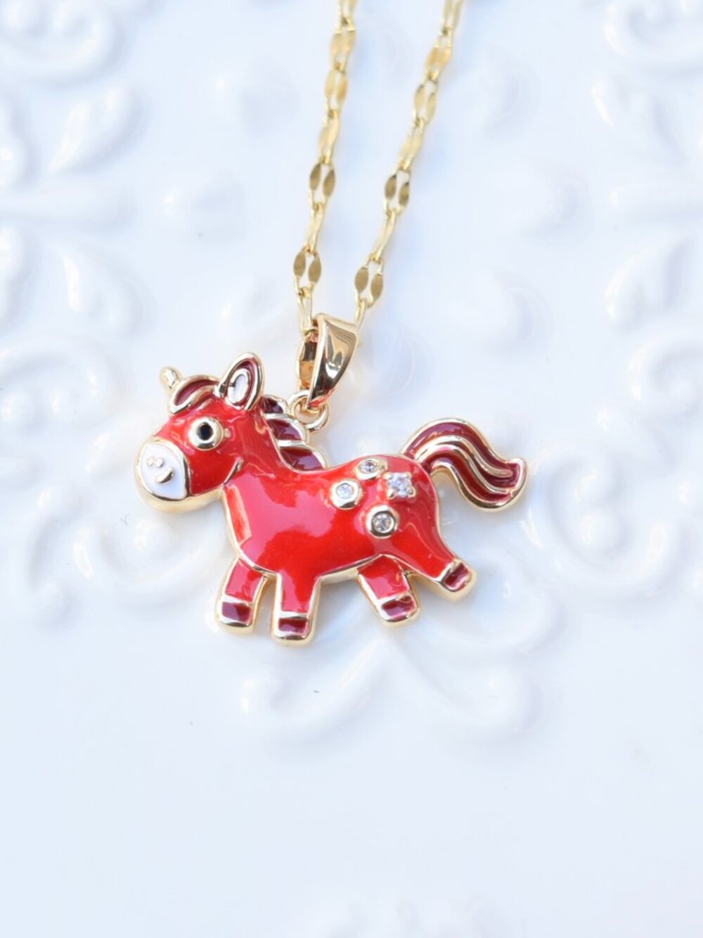 Red Horse Charm Necklace - Chinese Enamel Style - Stainless Steel Necklace